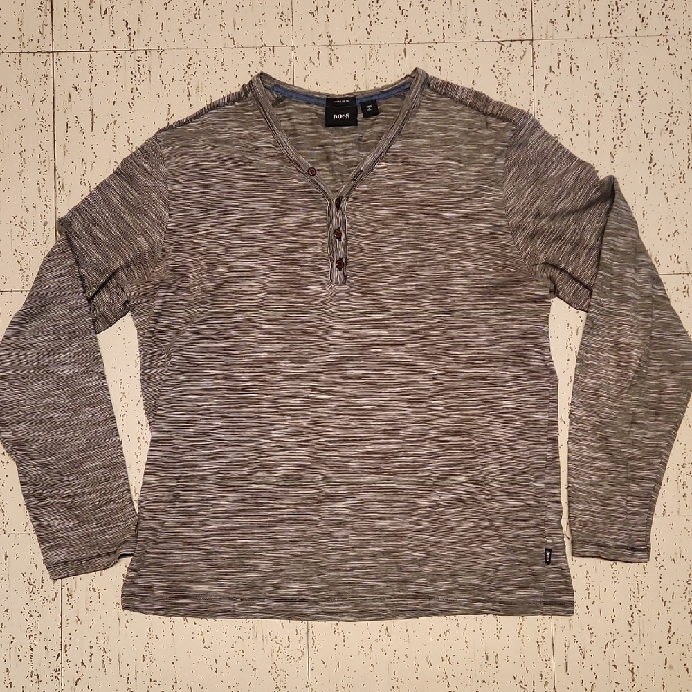 Hugo Boss Gray & White Pin Stripe 1/4 Button Down Long Sleeve Tee